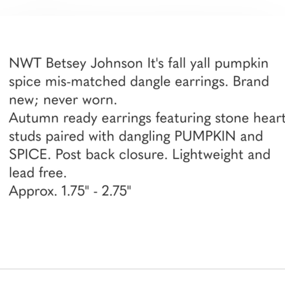 🔹️Betsey Johnson🔹️ It's Fall Yall Pumpkin Spice Mis-matched Earrings. - Picture 6 of 6